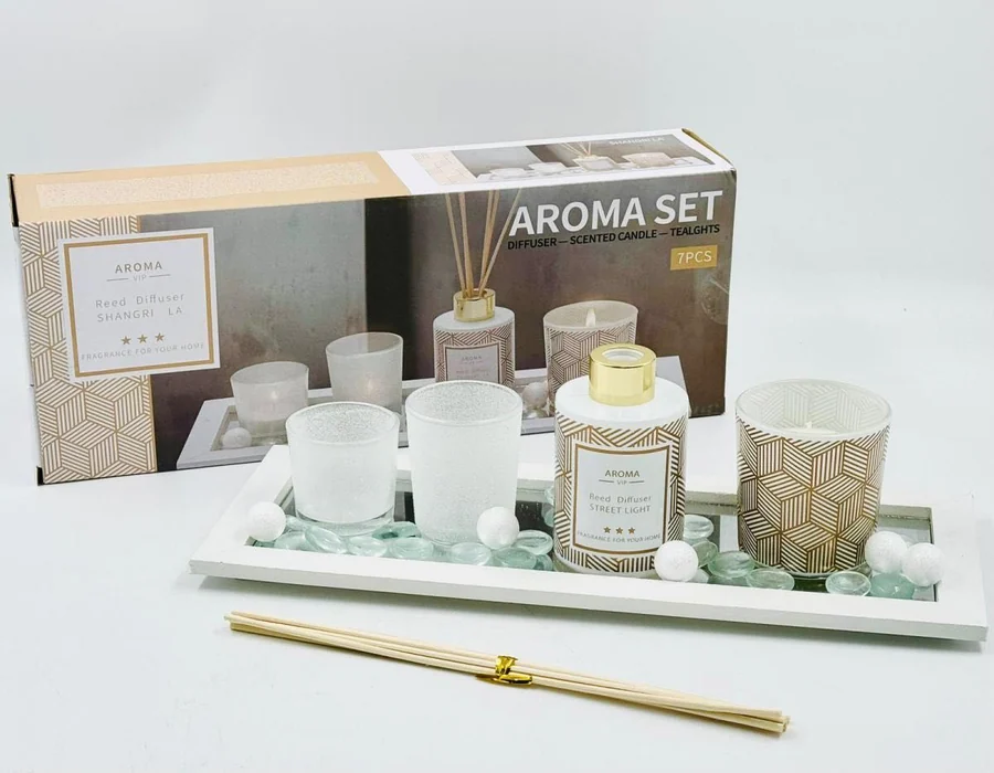 طقم عطر + شمع شنغريلاابيض مع صحن
